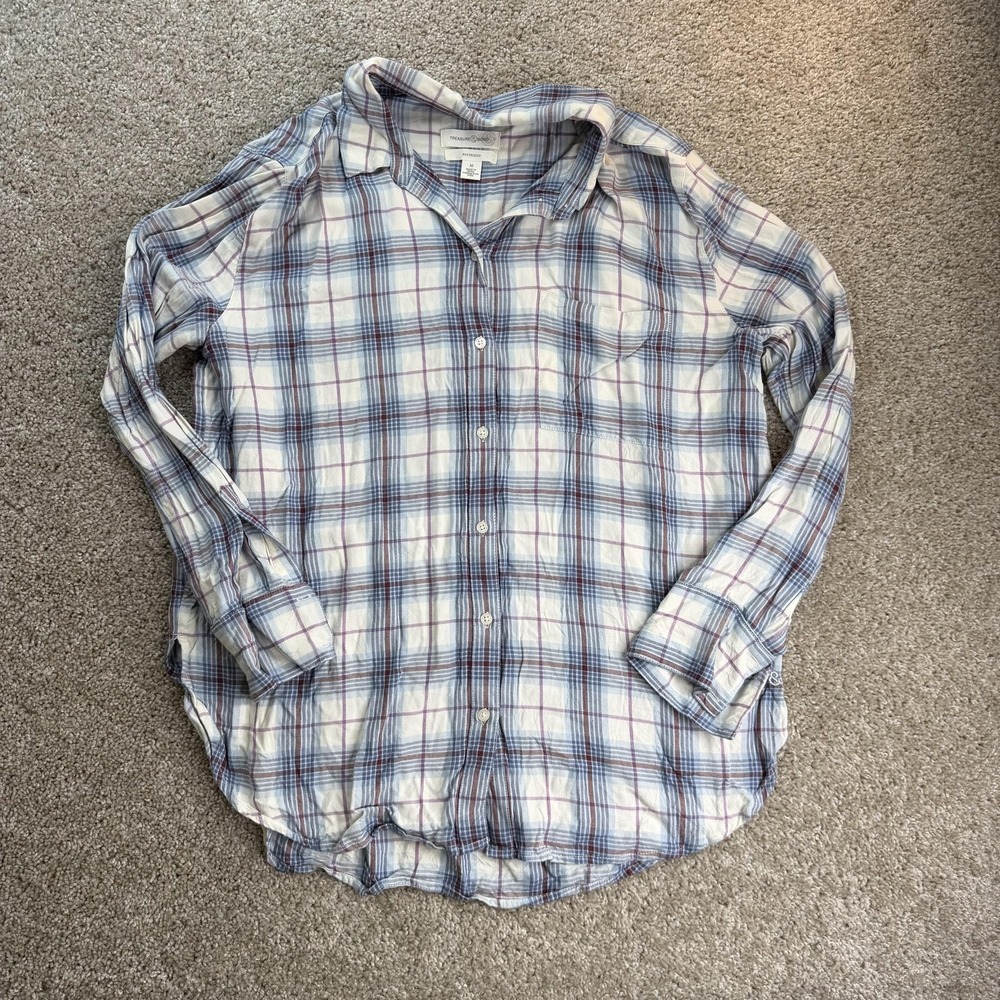 Treasure & Bond Shirt Womens Medium White Plaid Boyfriend Long Sleeve Button Up